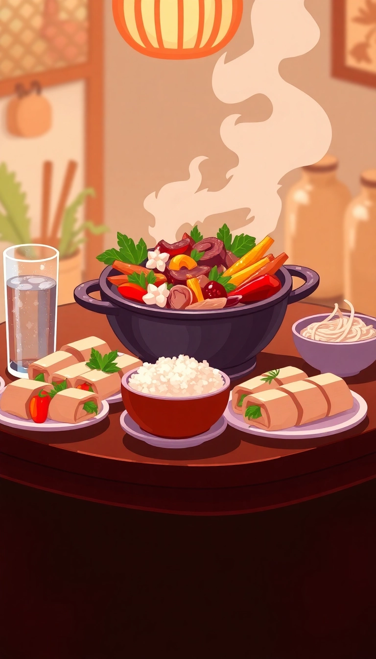 : Vietnamese hot pot with spring rolls.