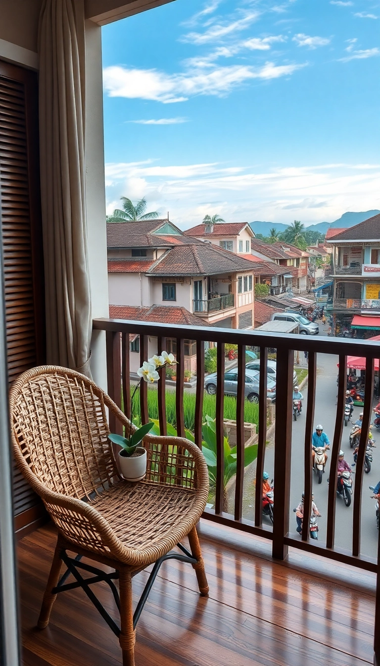 Vietnamese hotel balcony overlooks rice paddies.