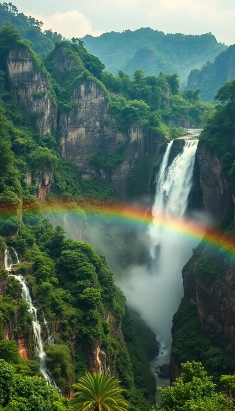Vietnamese jungle waterfall with rainbow mist.
