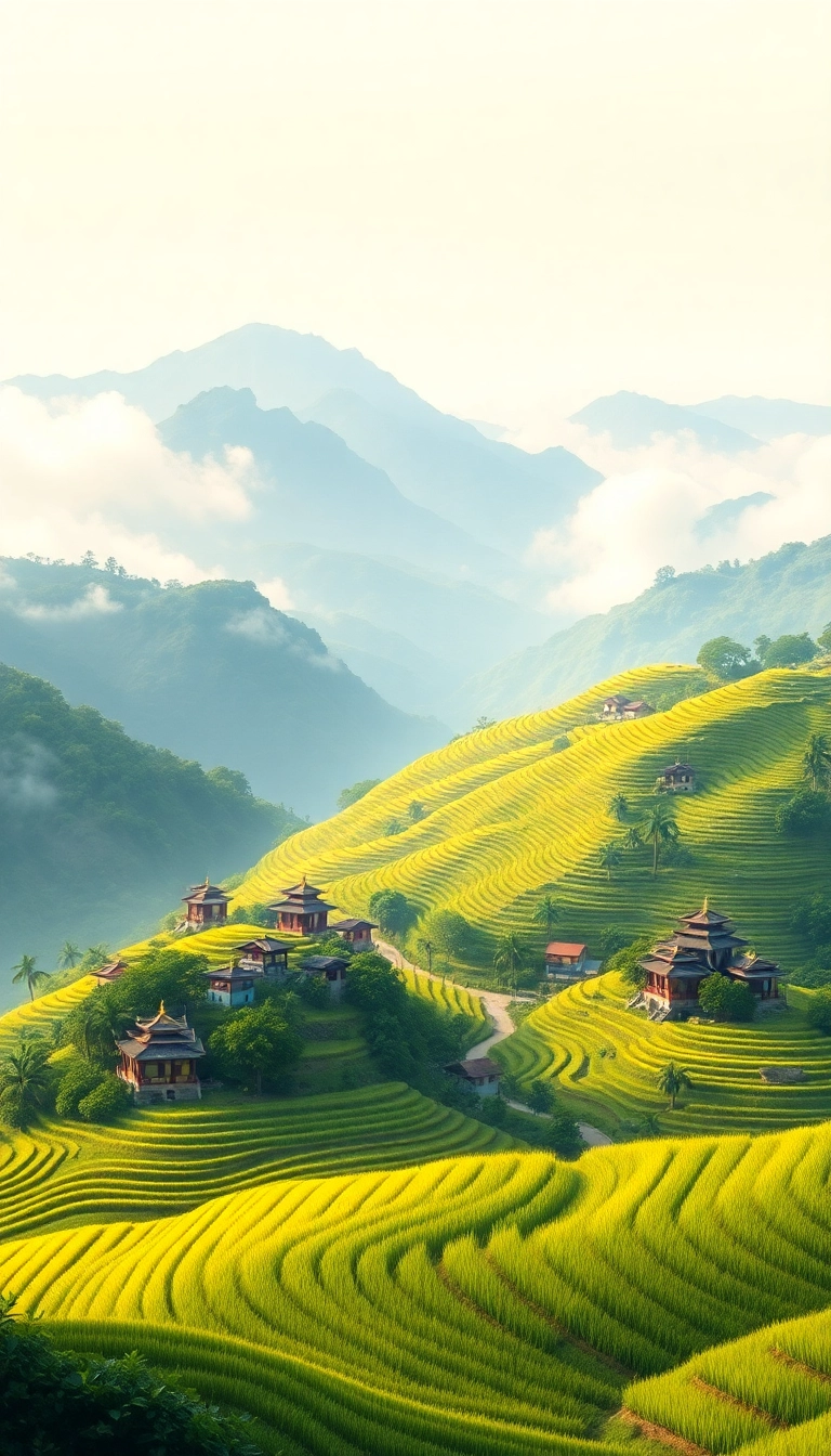 Vietnamese landscape: mountains, rice terraces, coastline.