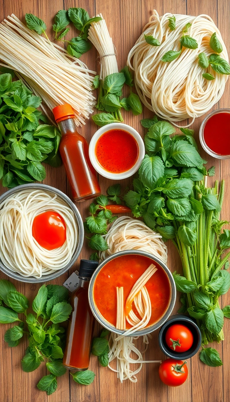 Vietnamese lunch ingredients: noodles, herbs, sauces.