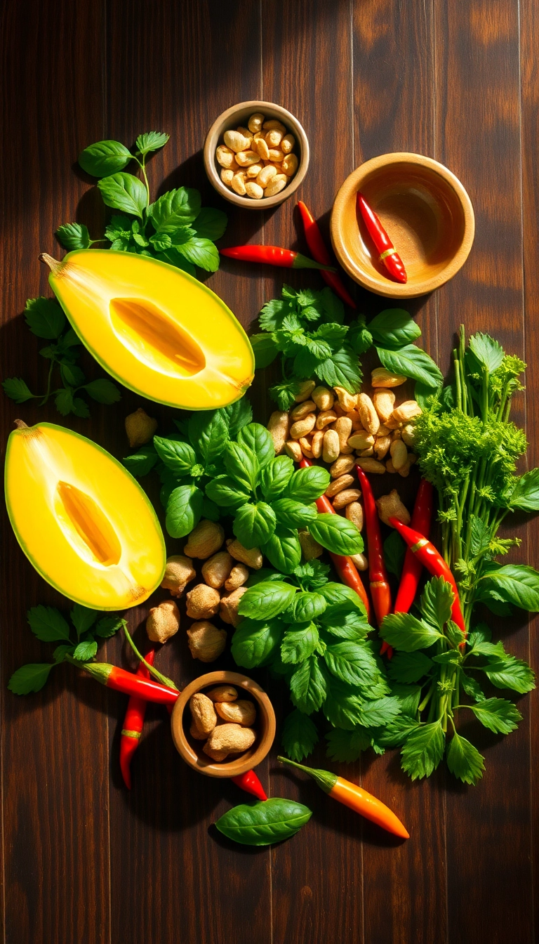 Vietnamese mango salad ingredients, fresh herbs.
