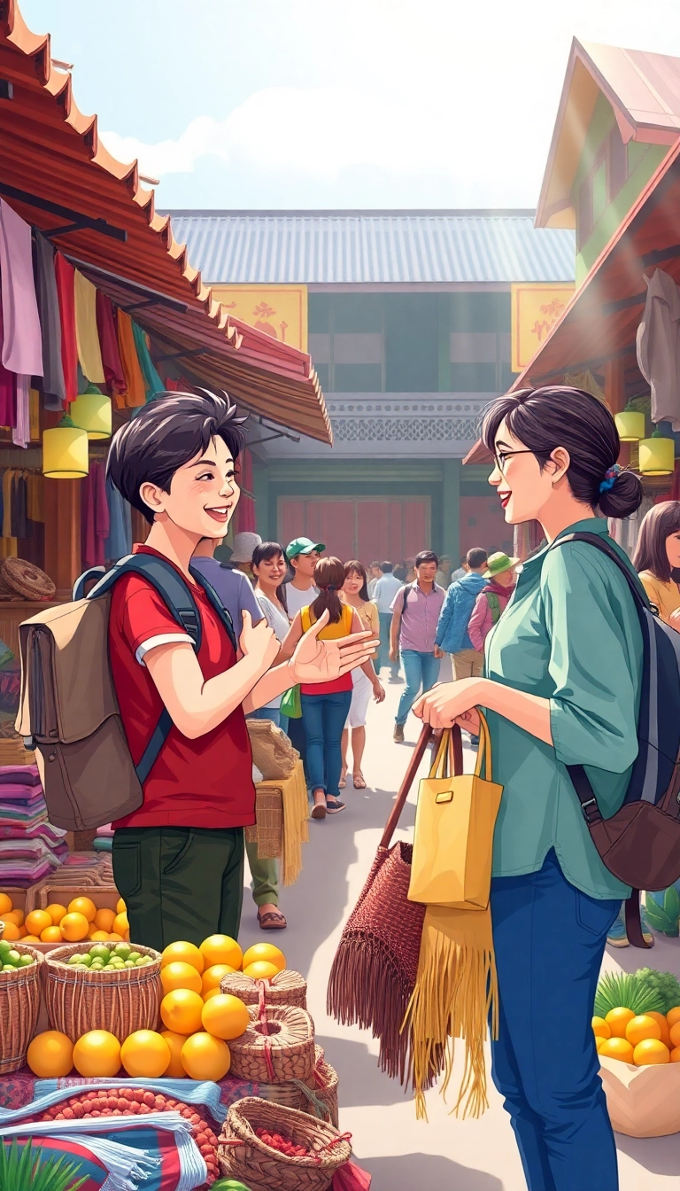 Vietnamese market: backpacker & artisan smiling.