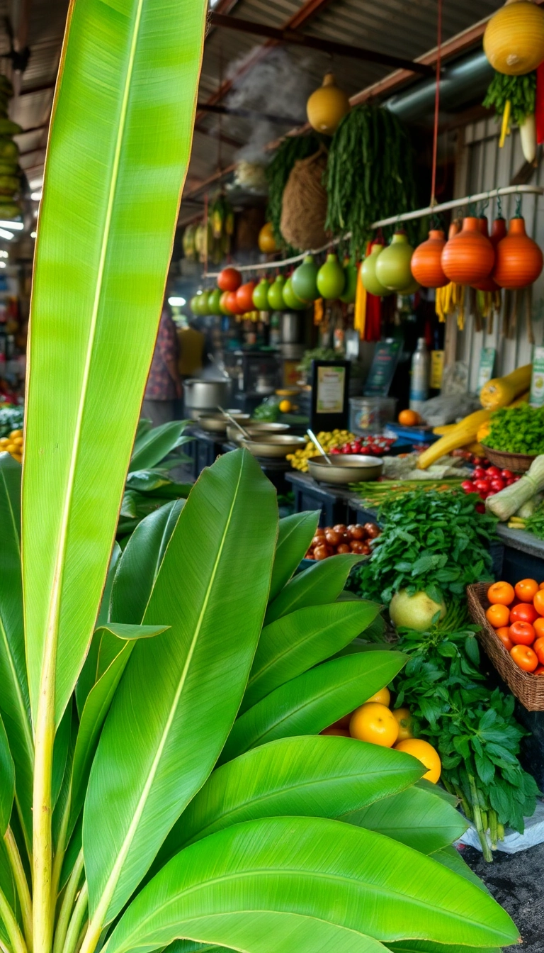 Vietnamese market: banana leaves & fresh produce.