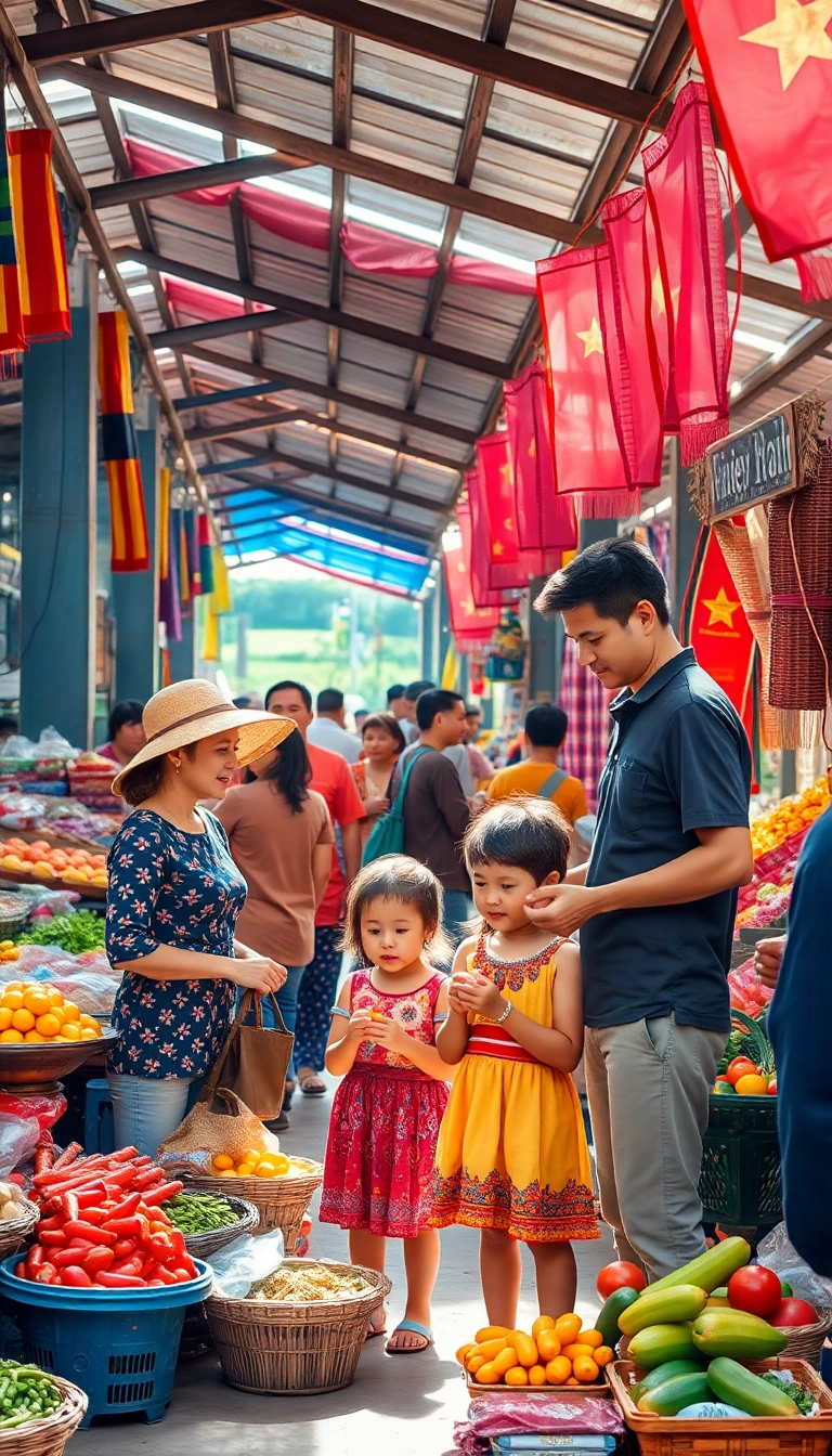 Vietnamese market family enjoying local culture.