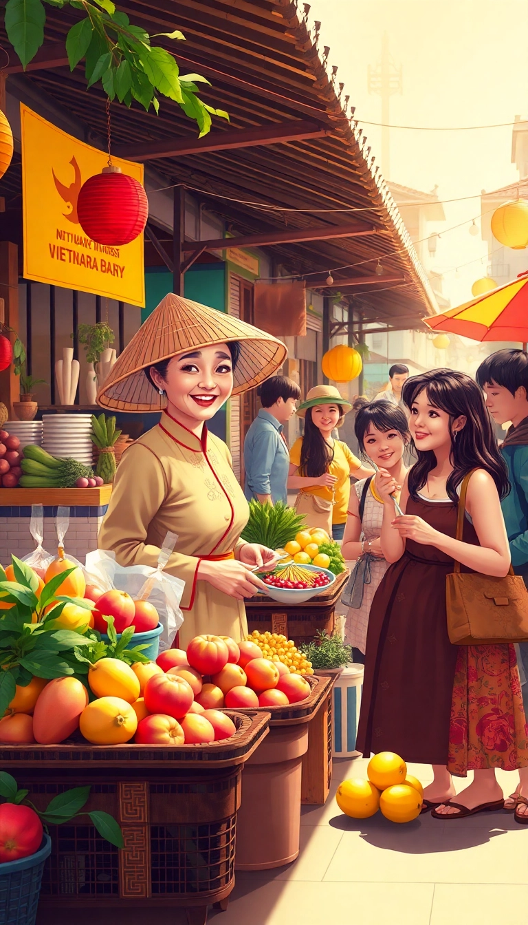 Vietnamese market: food, vendors, tourists.