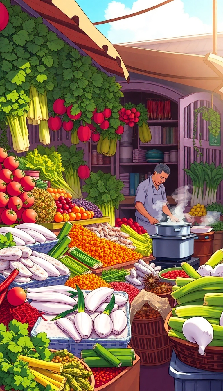 Vietnamese market: fresh produce & cooking.