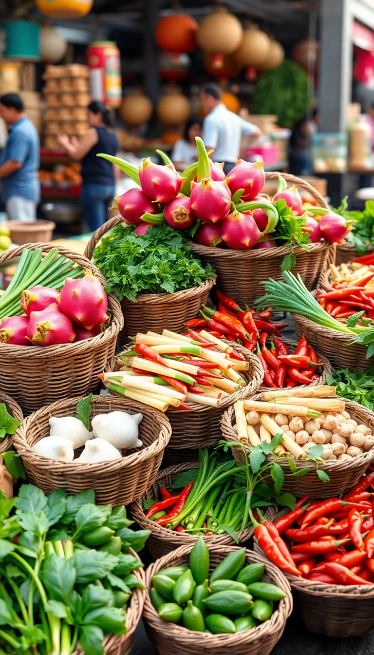 Vietnamese market produce in woven baskets.