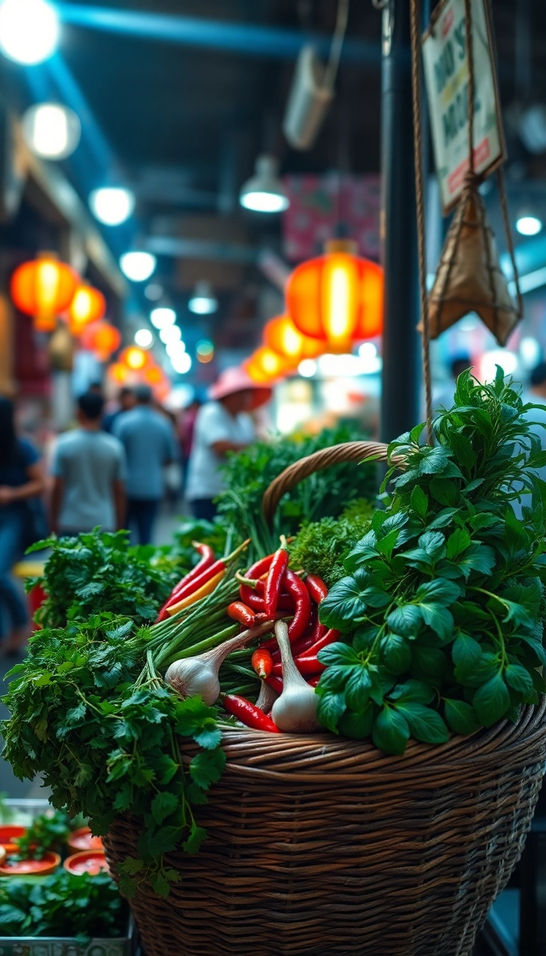 Vietnamese market stall with fresh herbs.
