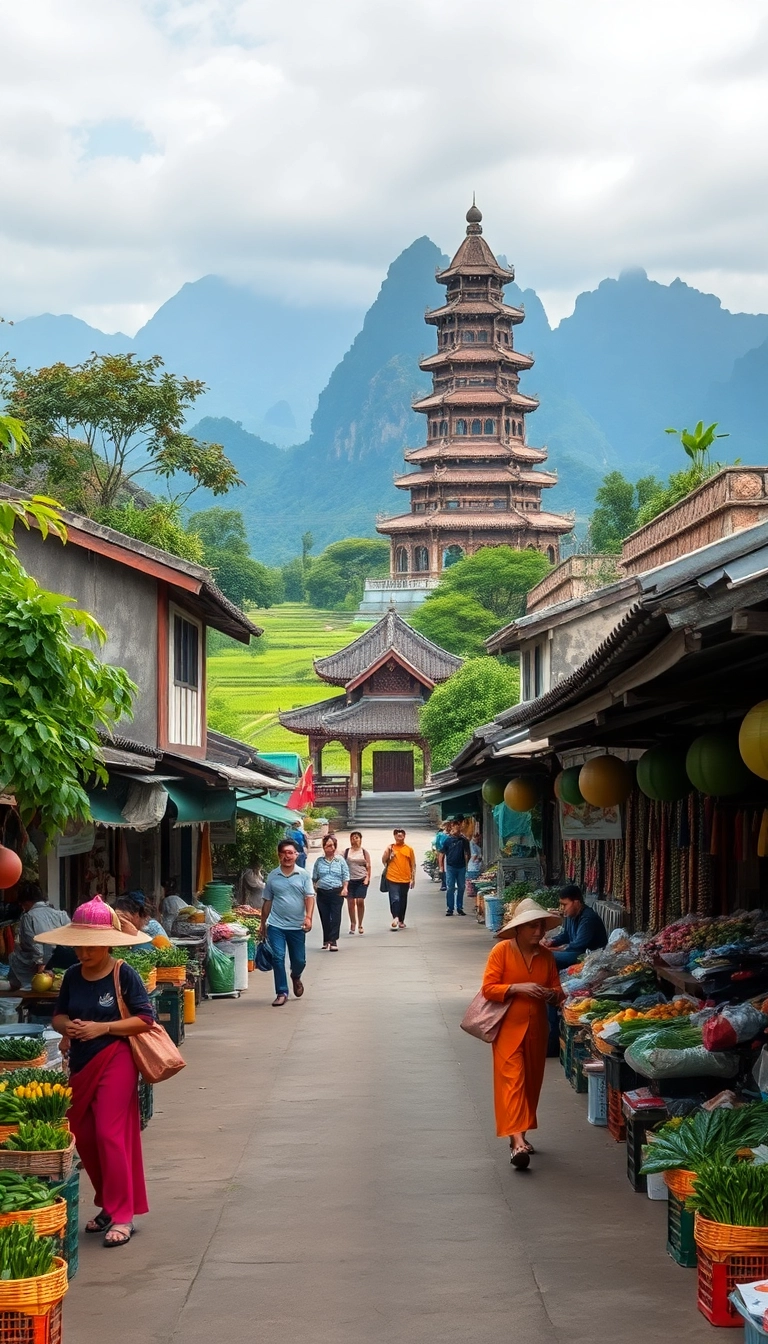 Vietnamese market, temple, mountains, rice paddies.