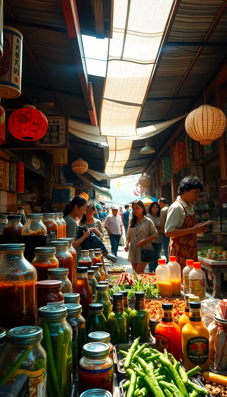 Vietnamese market with sauces & shoppers.