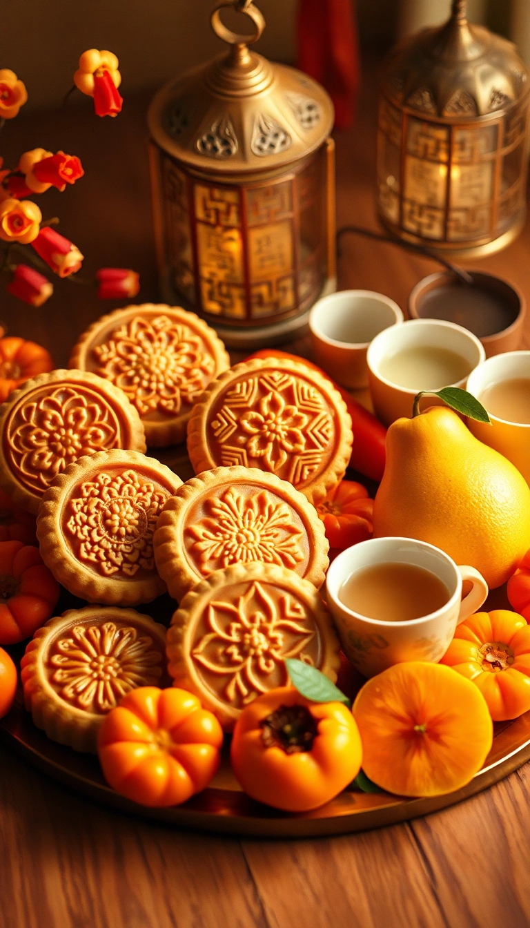 Vietnamese mooncakes, fruits, and Mid-Autumn décor.