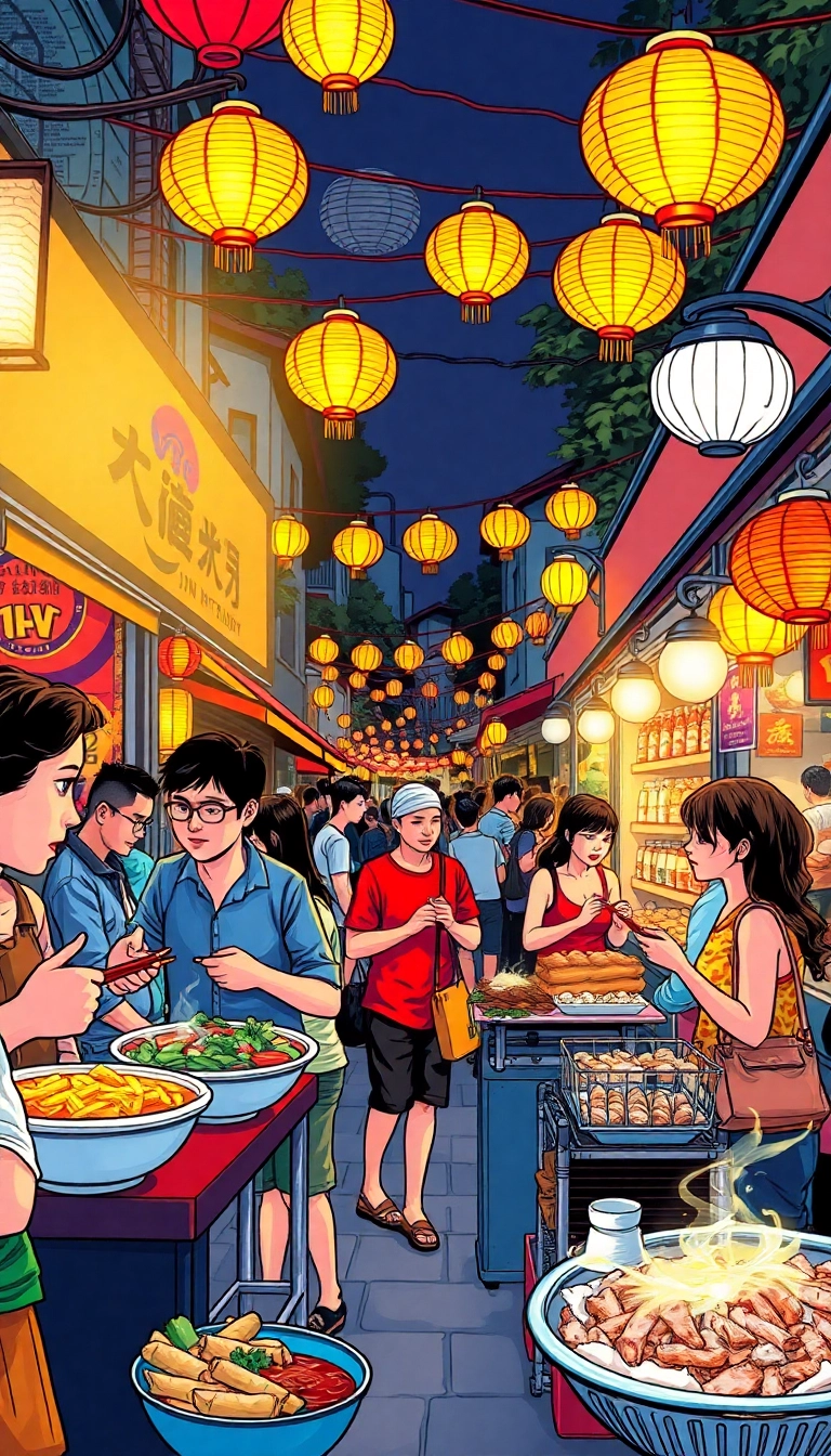 Vietnamese night market, vibrant food stalls.