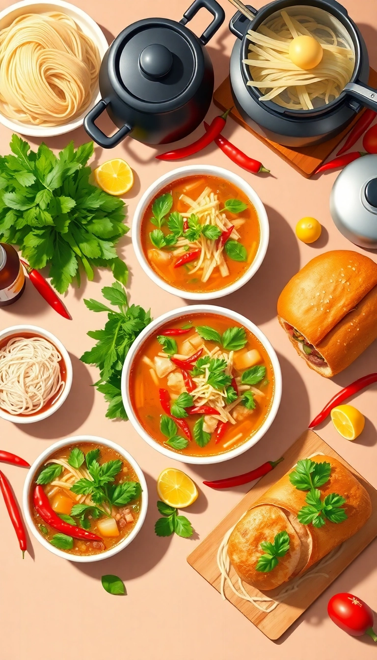 Vietnamese Pho, Banh Mi, Goi Cuon spread.