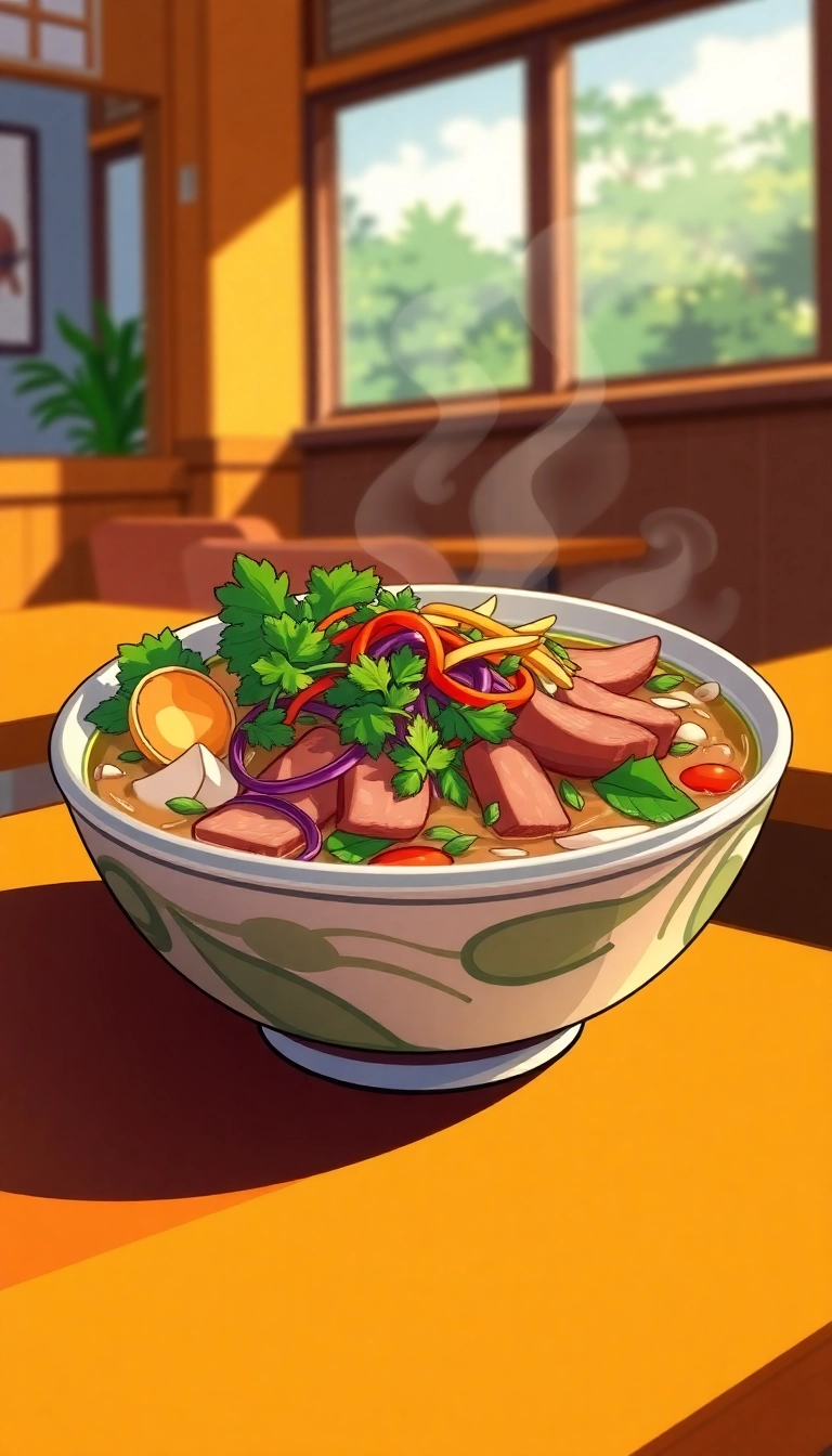 Vietnamese pho with beef and fresh herbs.