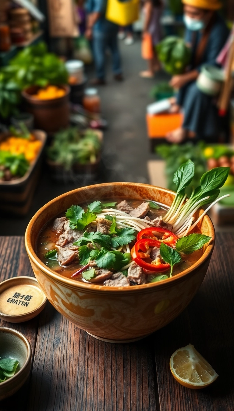 Vietnamese pho with beef and herbs.
