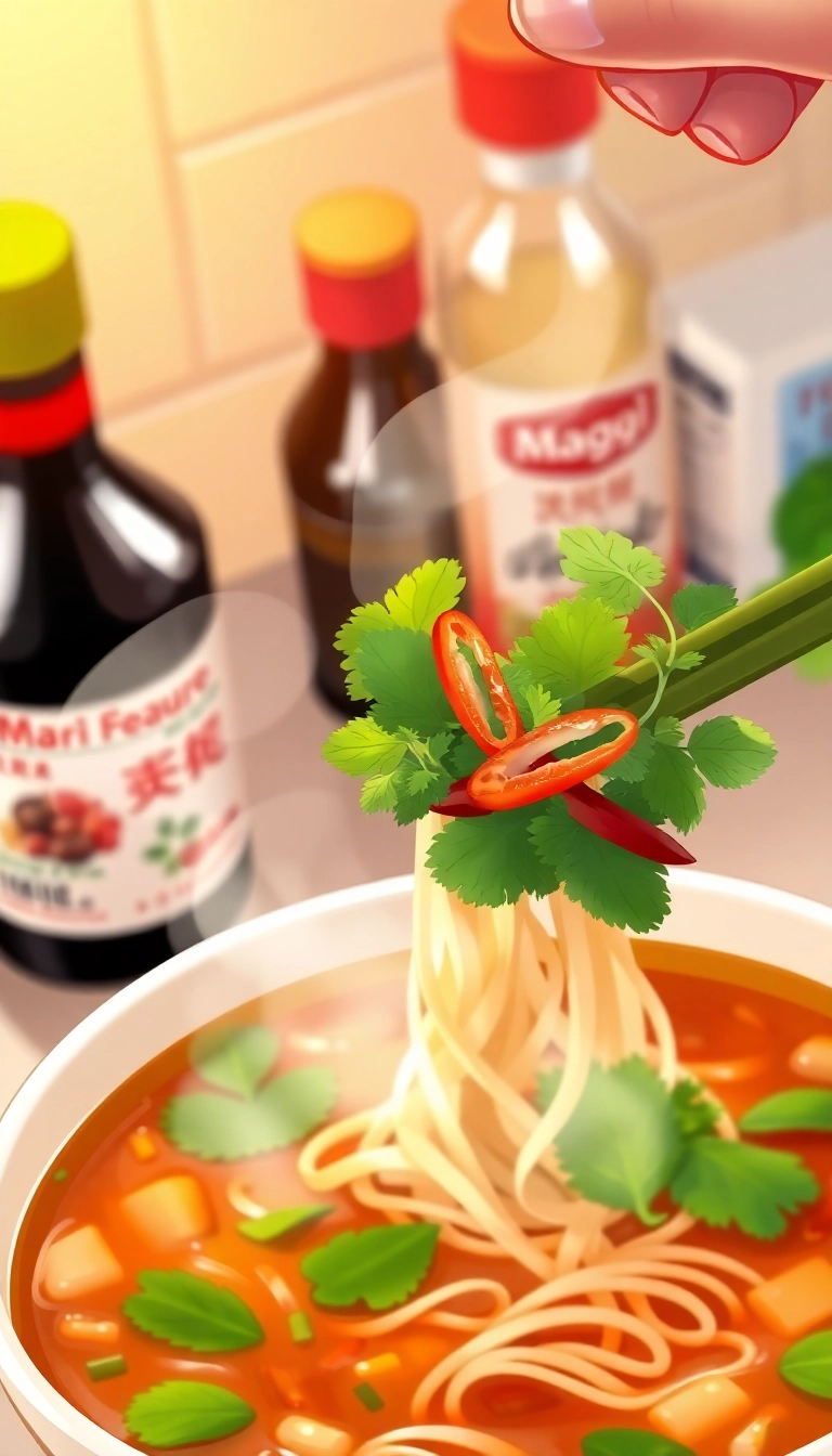 Vietnamese pho with fresh herbs & chili.