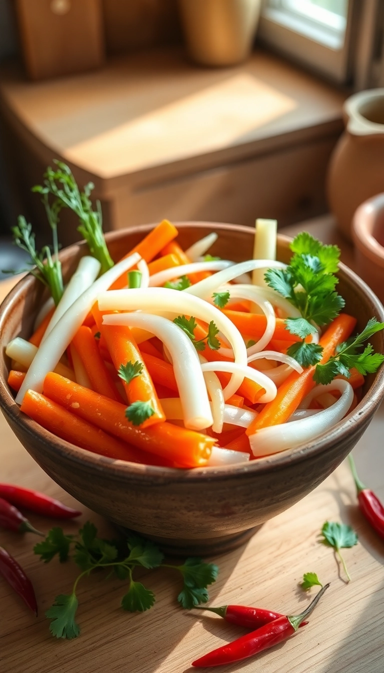 Vietnamese pickled vegetables in ceramic bowl.