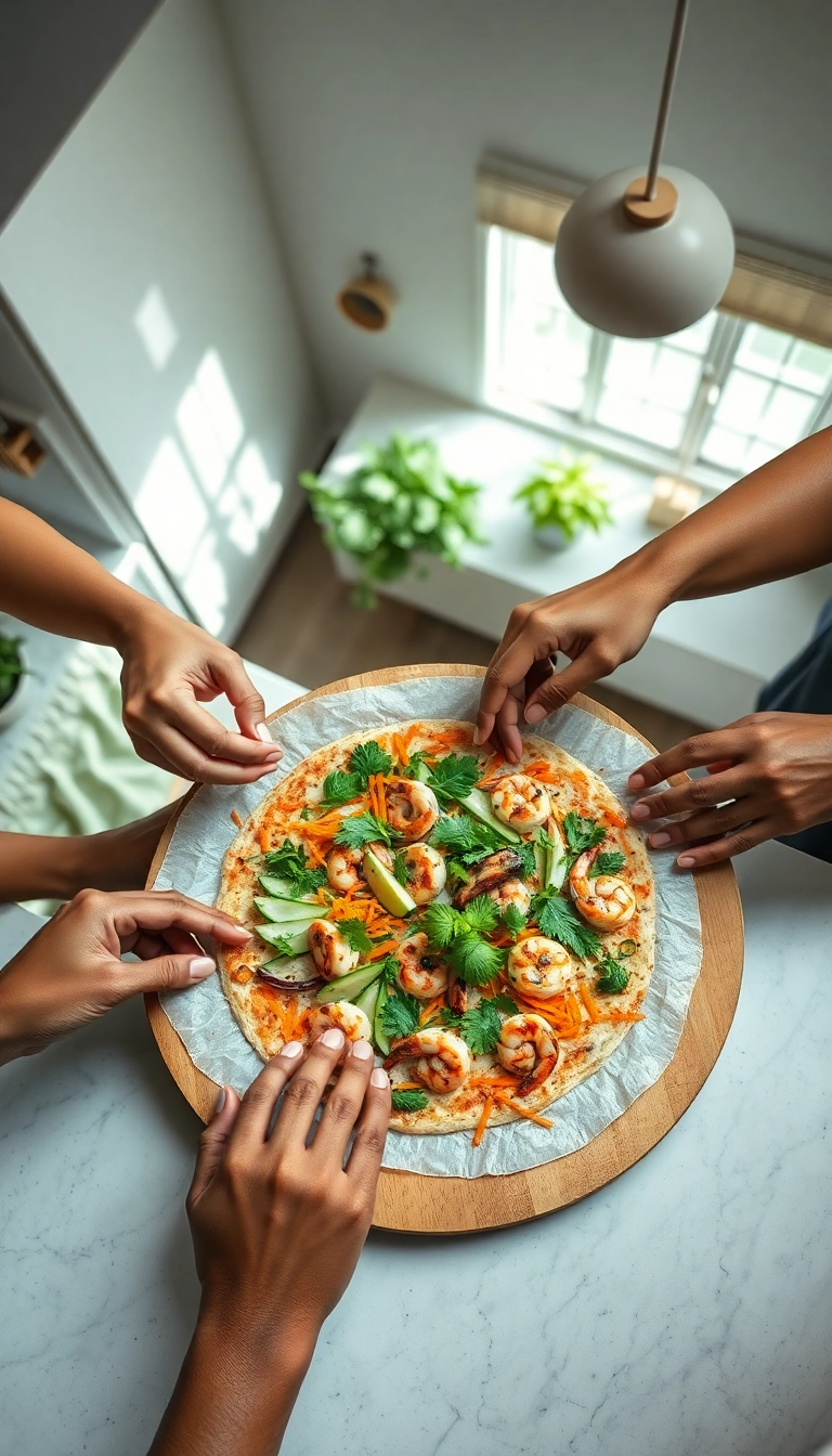 Vietnamese pizza assembly, fresh ingredients, diverse hands.
