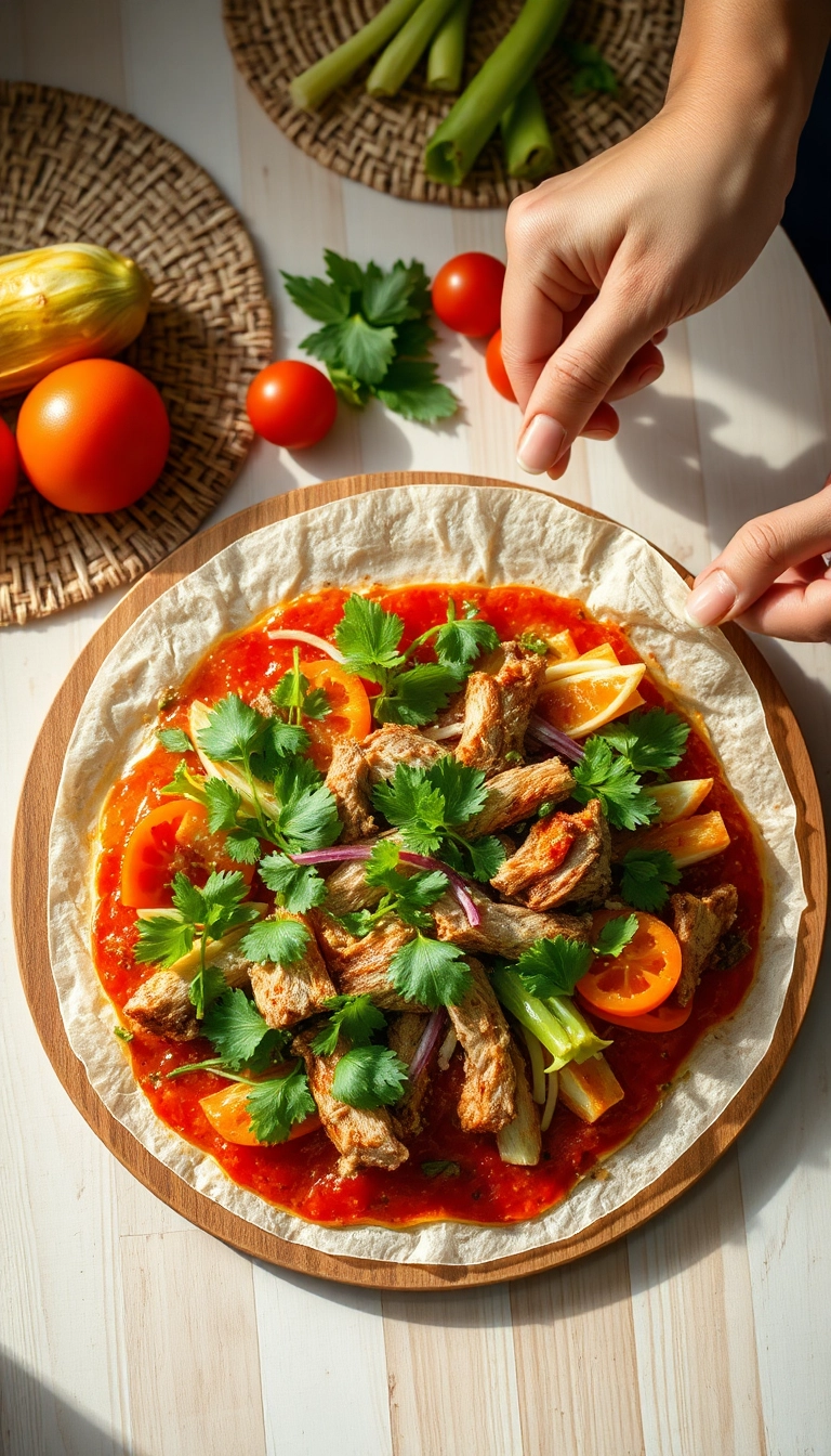 Vietnamese pizza creation with fresh ingredients.