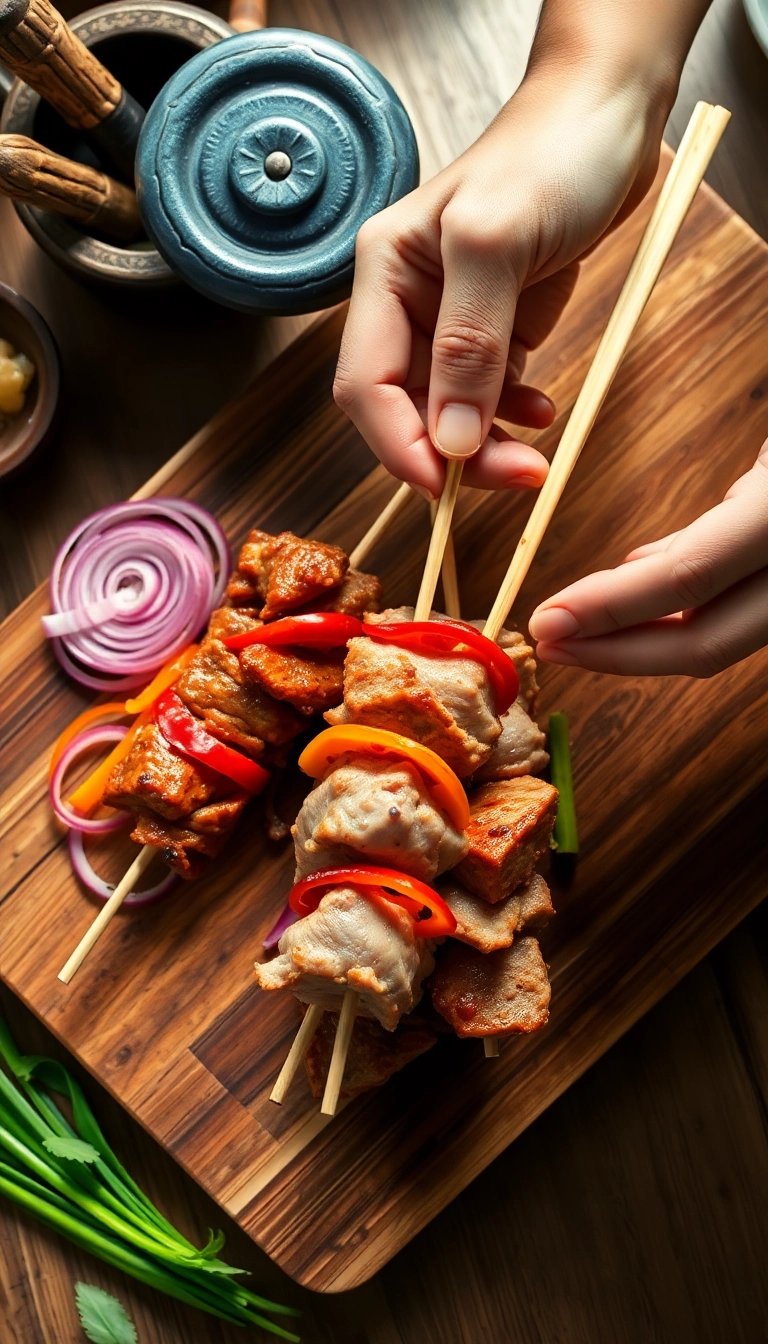 Vietnamese pork skewers being hand-assembled.