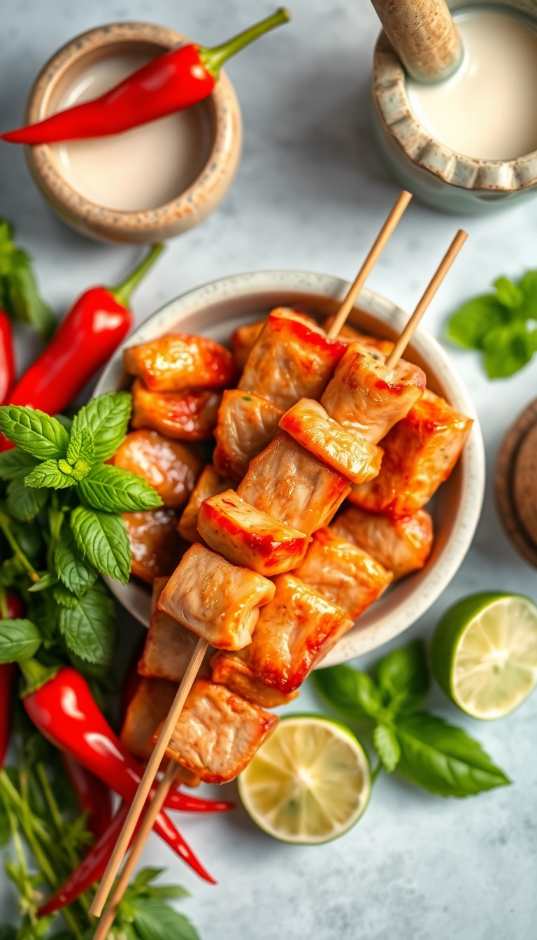 Vietnamese pork skewers with fresh ingredients.