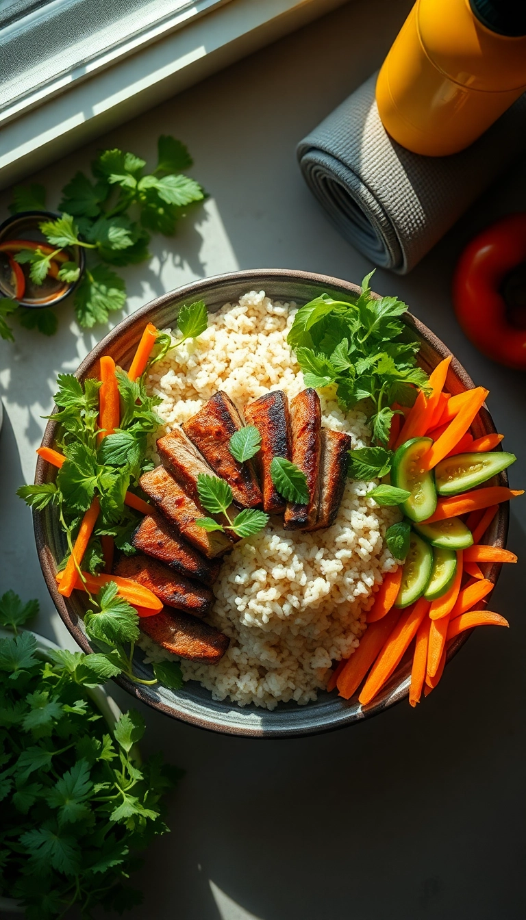 Vietnamese pork with rice & fresh herbs.
