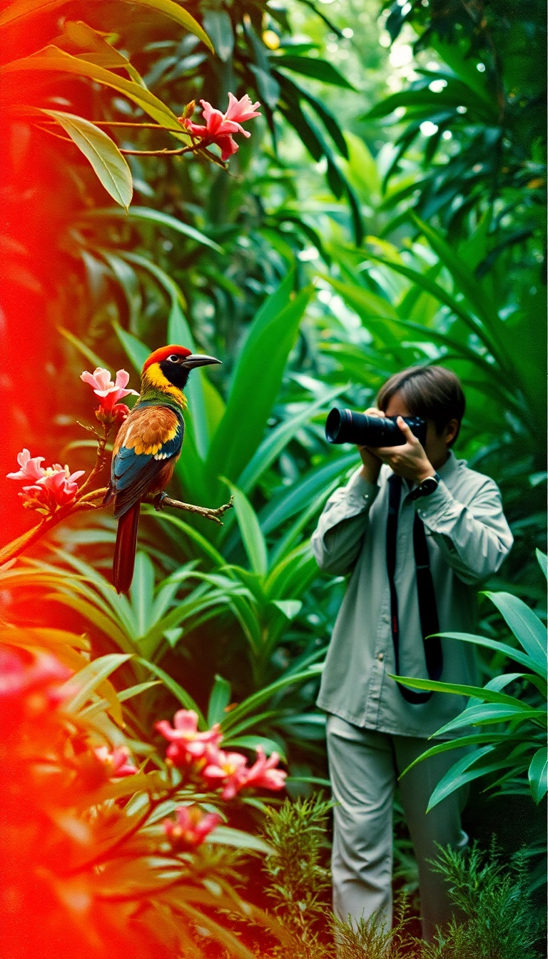 Vietnamese rainforest: birdwatcher with camera.
