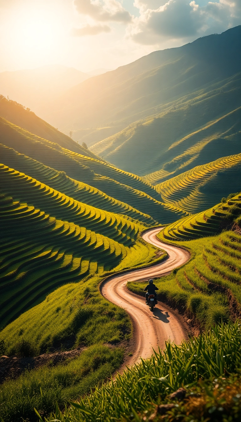 Vietnamese rice terraces, golden sunlight, motorbike.