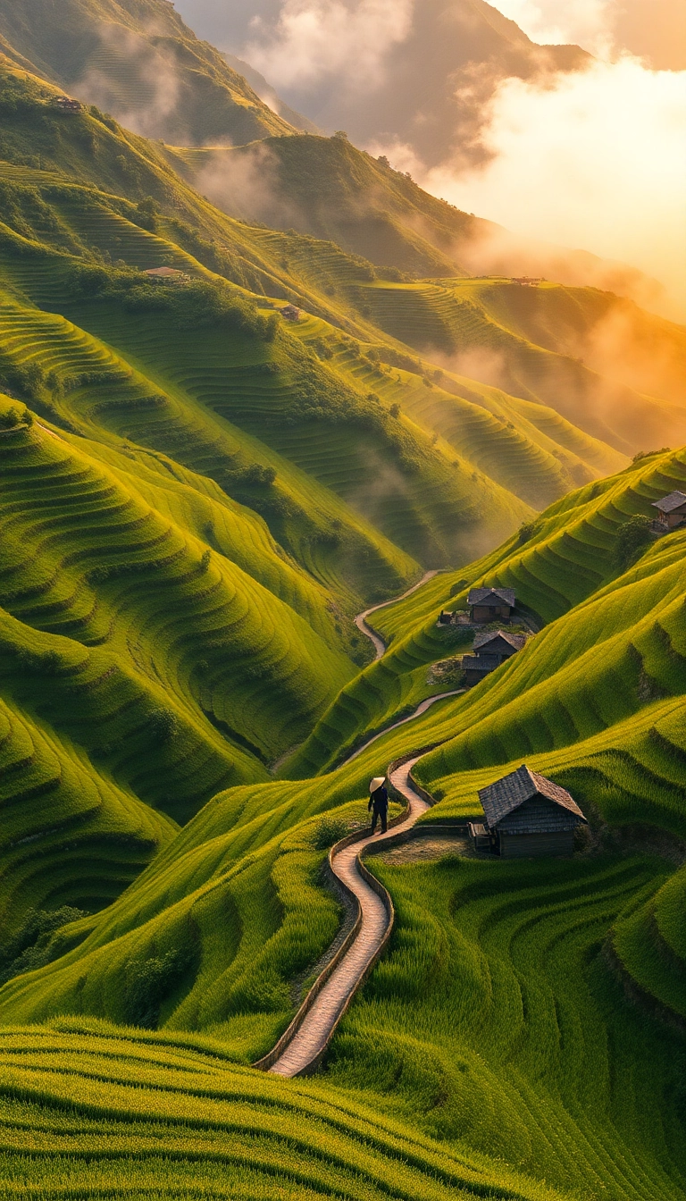 Vietnamese rice terraces, misty mountains, farmer.