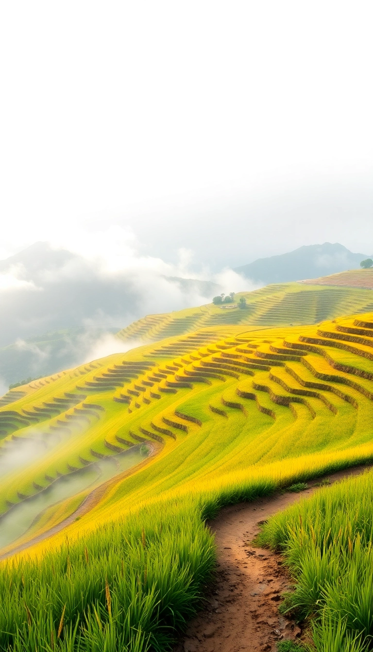 Vietnamese rice terraces, misty mountains landscape.