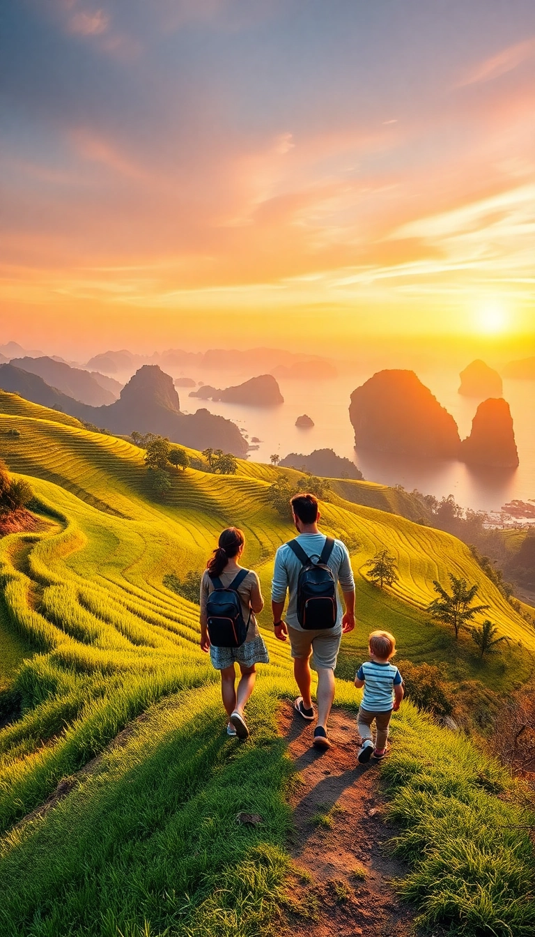 Vietnamese rice terraces with family view.