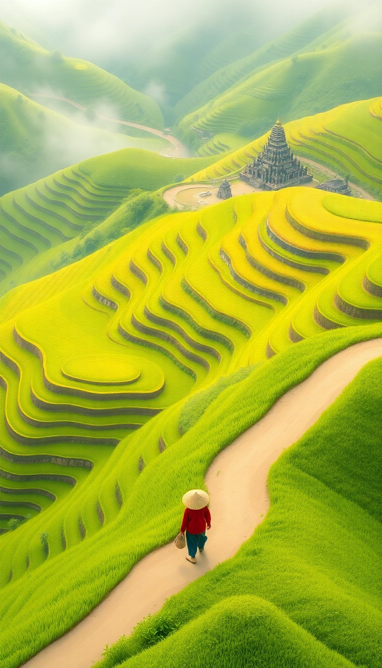 Vietnamese rice terraces with farmer & temples.