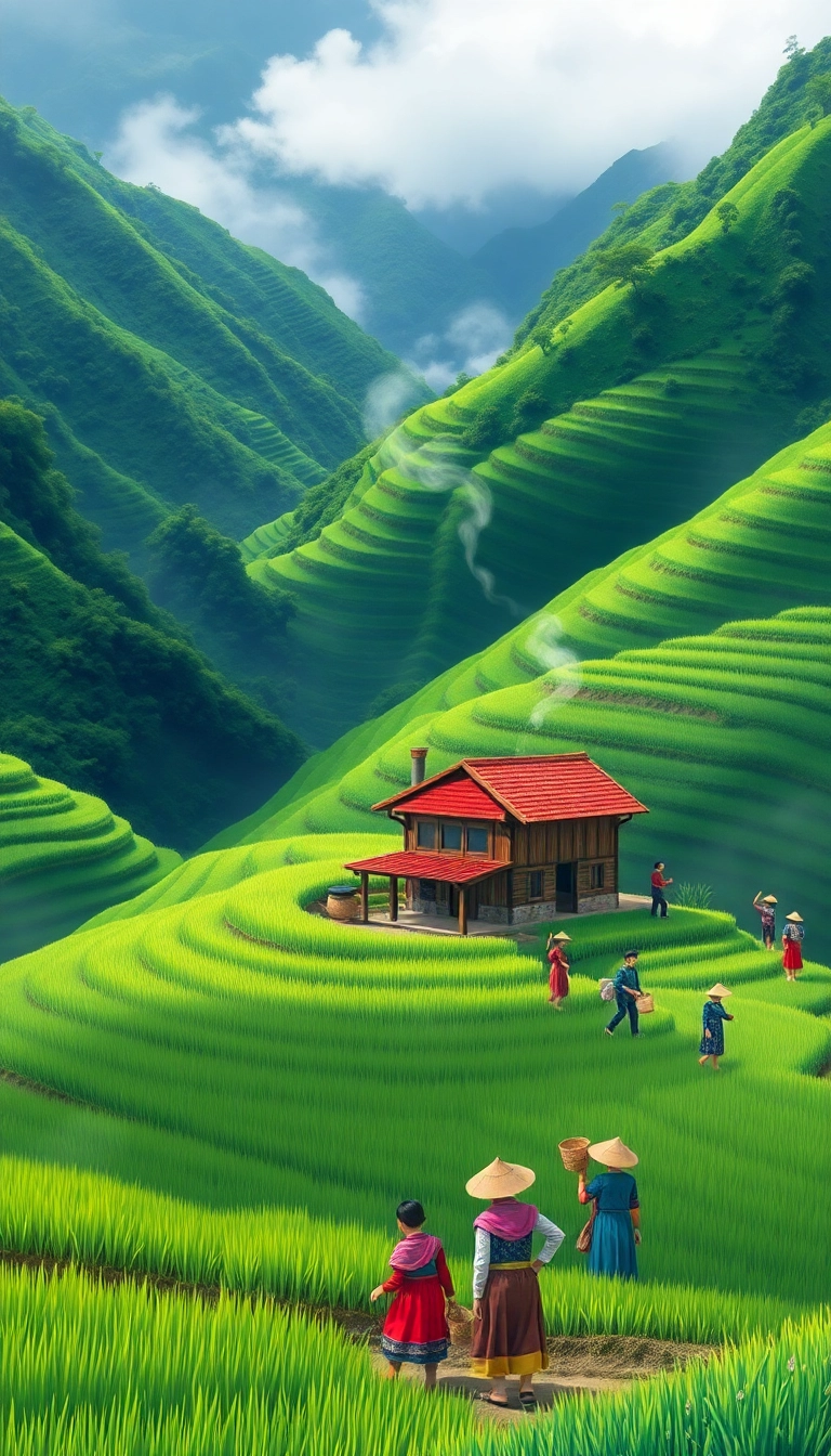 Vietnamese rice terraces with farmers working.