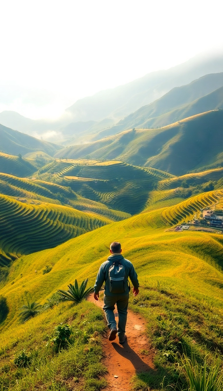 Vietnamese rice terraces with traveler.
