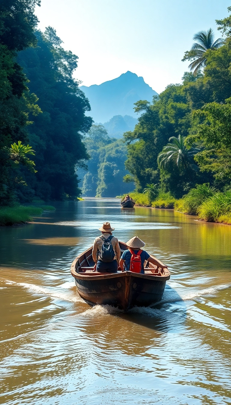 Vietnamese river journey with lush rainforest.