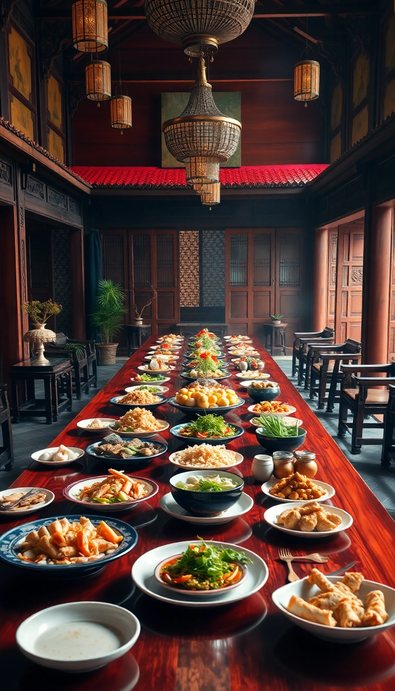 Vietnamese royal banquet with diverse dishes.