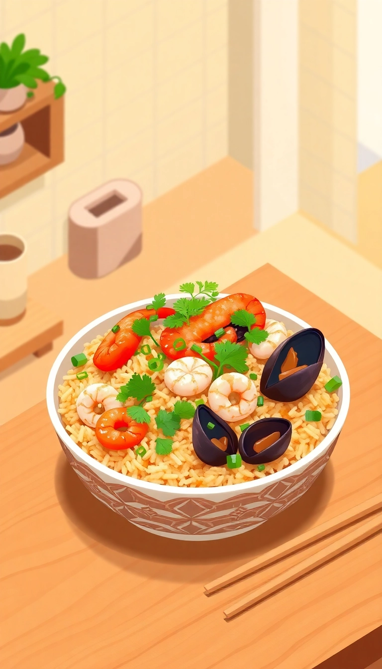 Vietnamese seafood fried rice with cilantro.