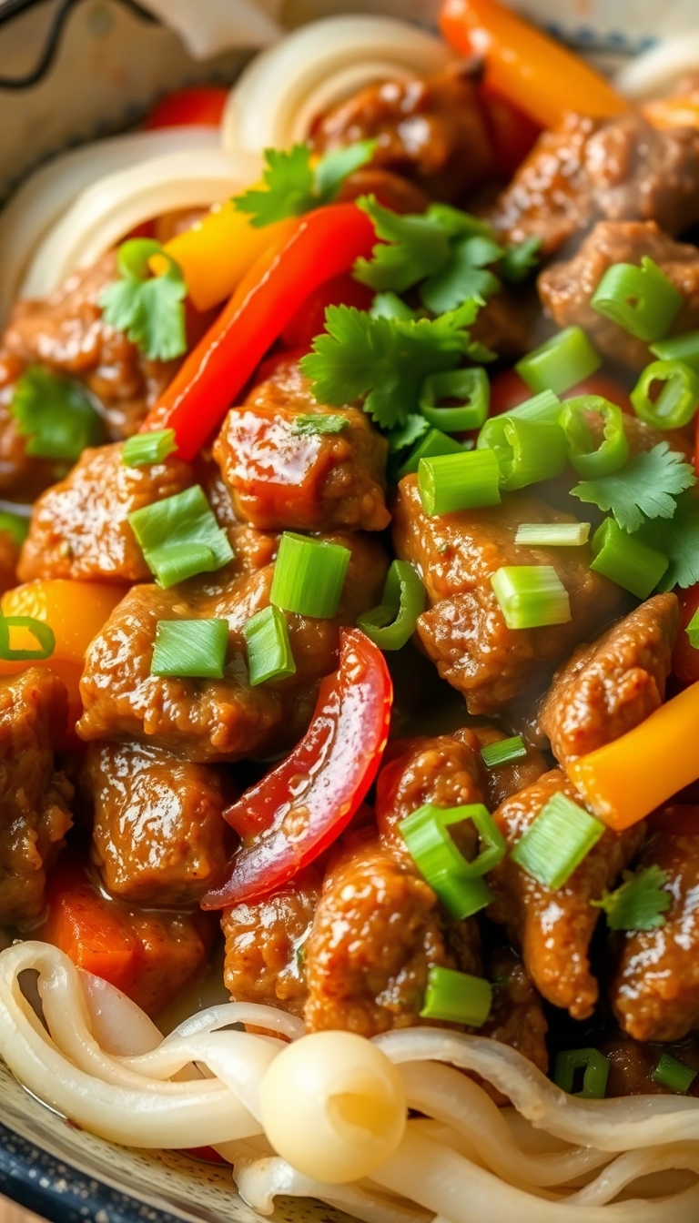 Vietnamese shaking beef with peppers & cilantro.