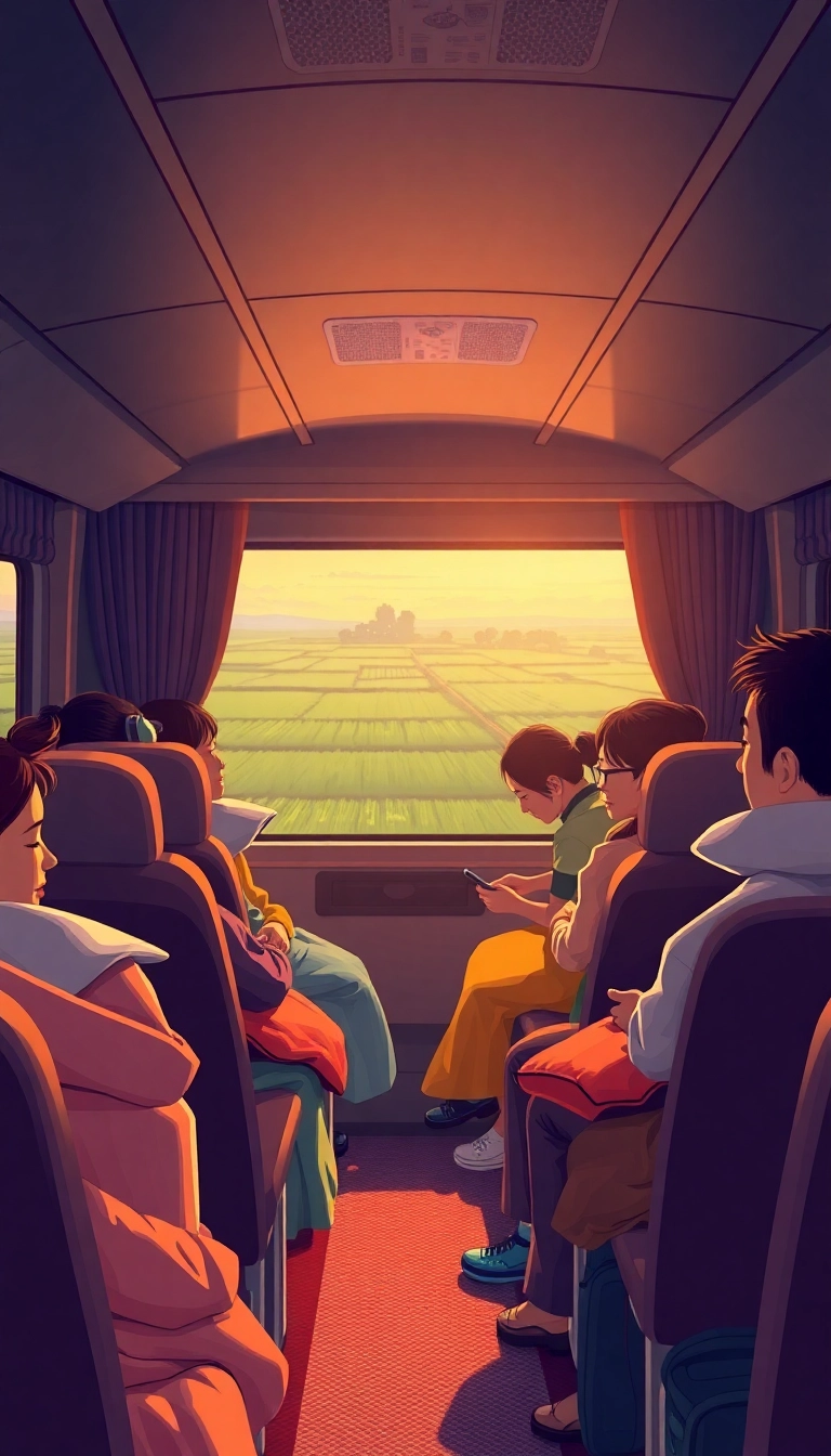 Vietnamese sleeper bus interior, dusk view.