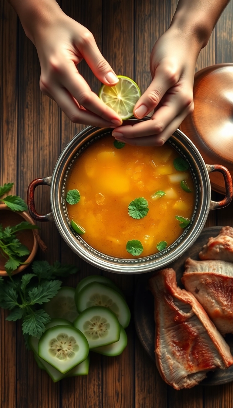Vietnamese soup simmering with lime & herbs.