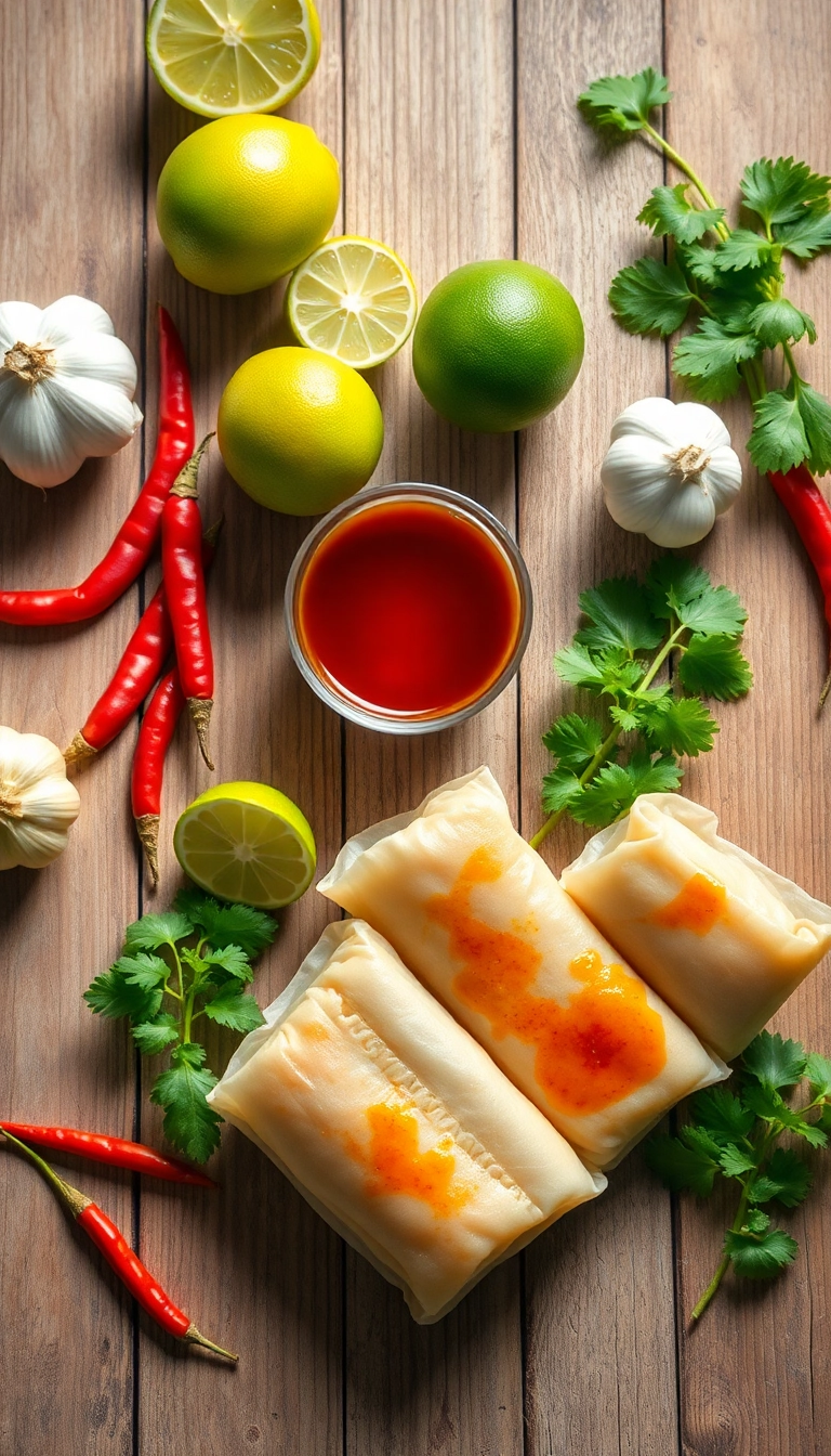 Vietnamese spring roll ingredients, fresh herbs.