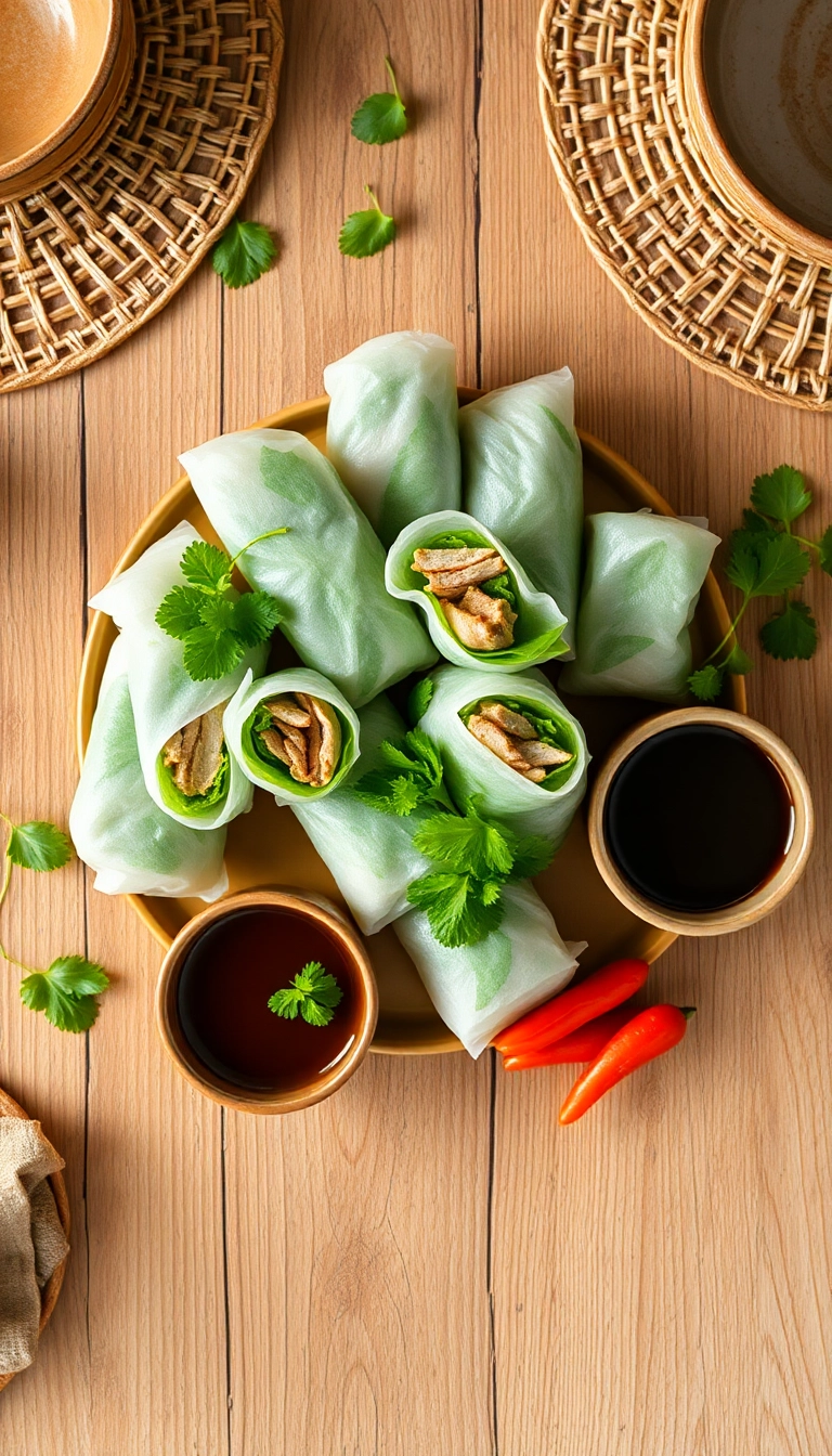 Vietnamese spring rolls with peanut sauce.