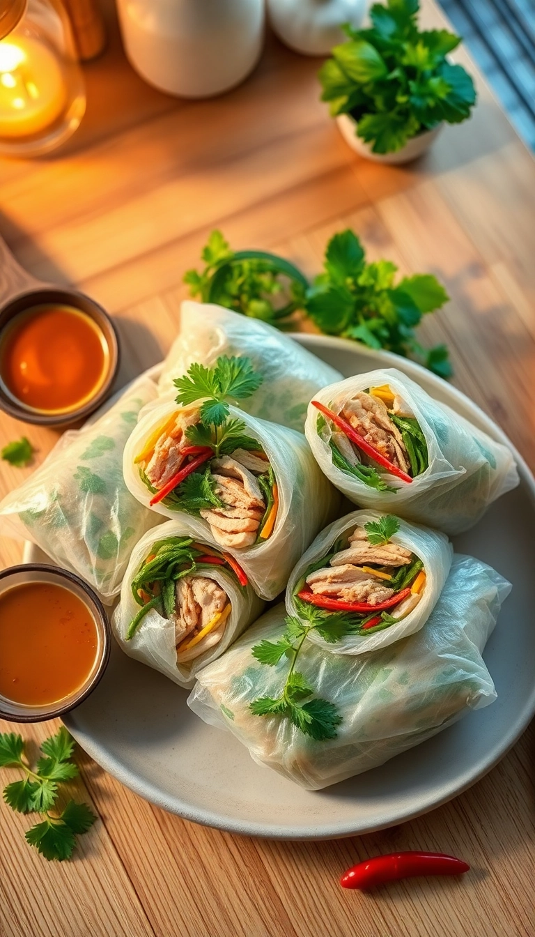 Vietnamese spring rolls with peanut sauce.