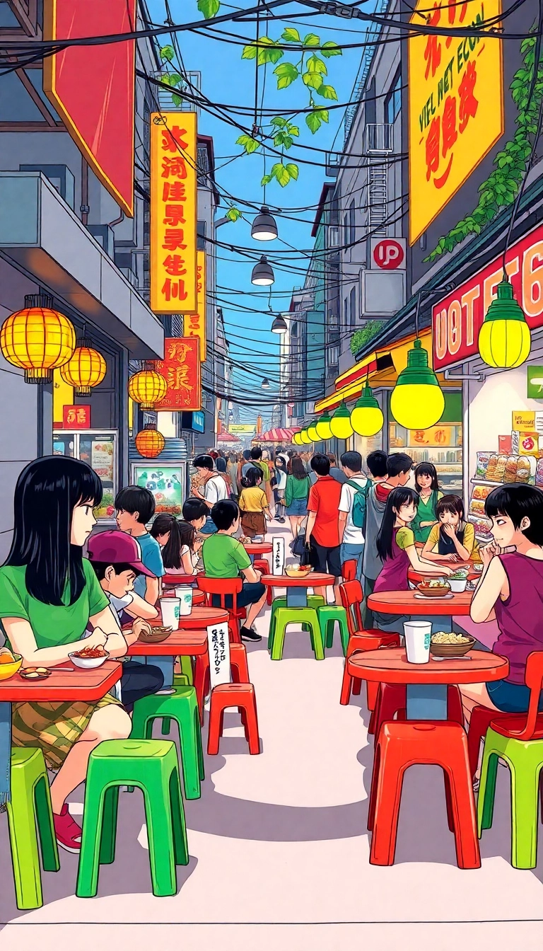 Vietnamese street food, bustling daytime scene.