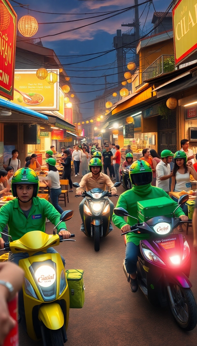 Vietnamese street food market, bustling dusk scene.