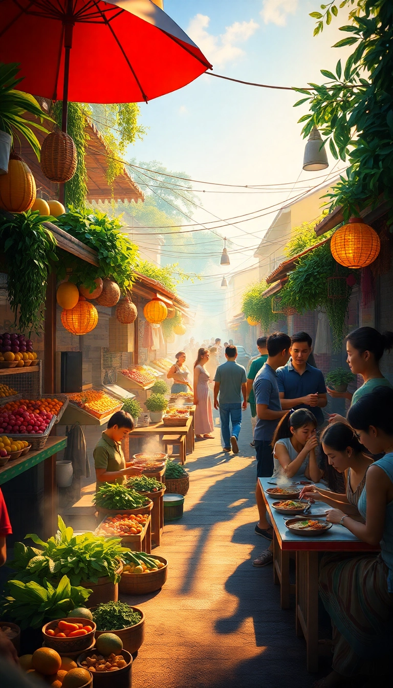Vietnamese street food market, vibrant & lively.
