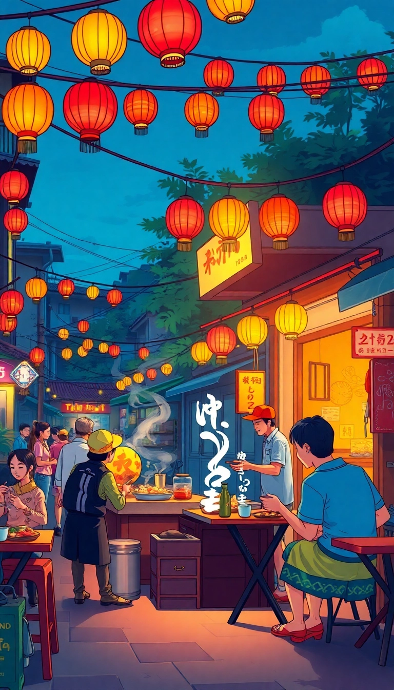 Vietnamese street food stall at dusk.