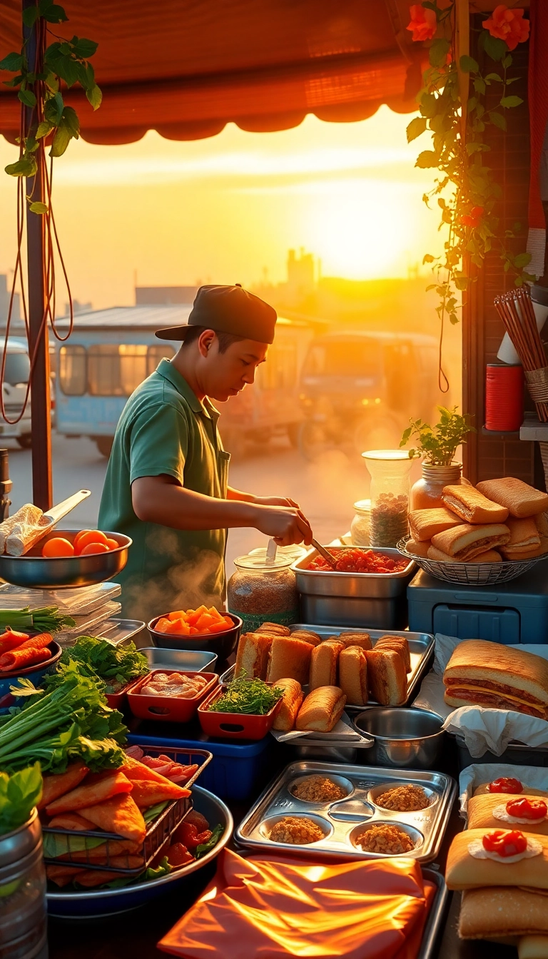 Vietnamese street food stall at sunrise.