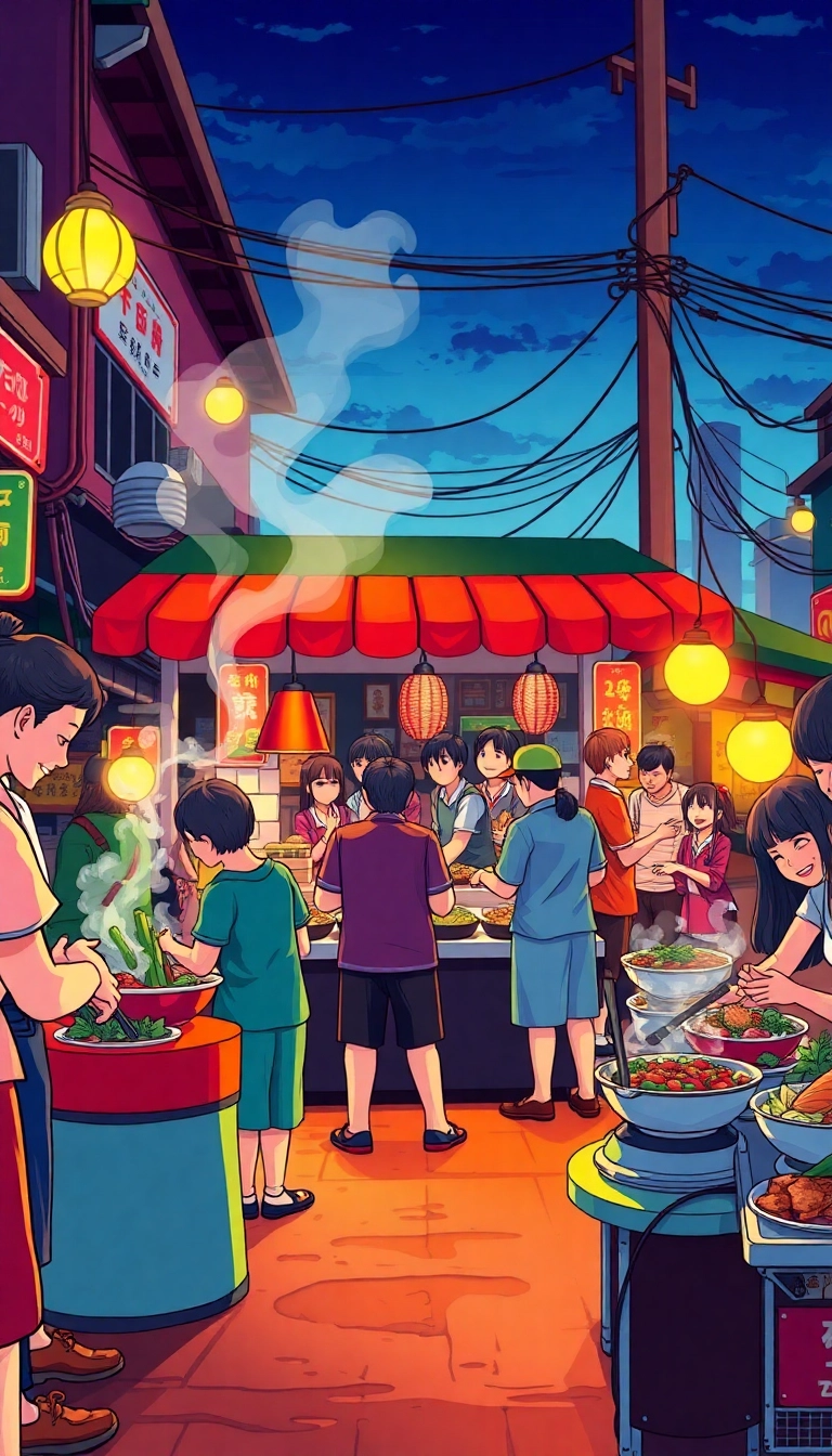Vietnamese street food stall at twilight.